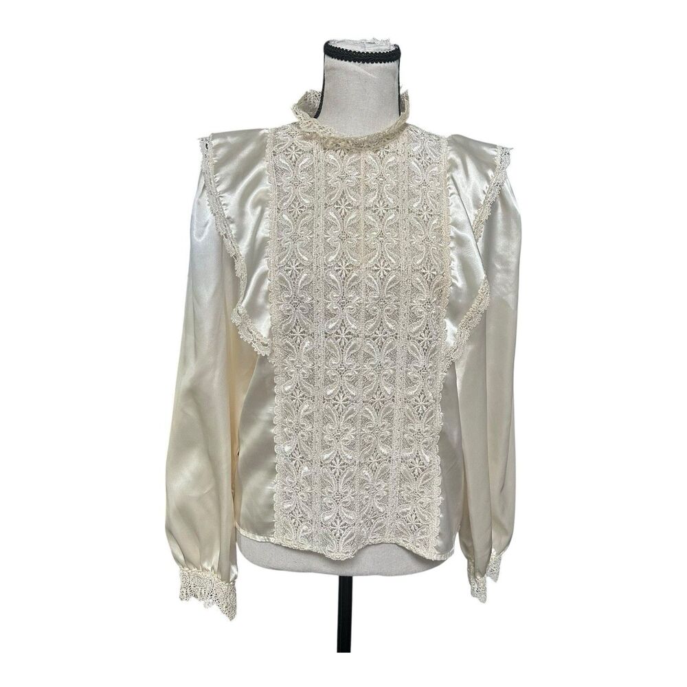 VTG Illustrations Satin Lace Victorian Shirtwaist Blouse Ivory Ruffle Med